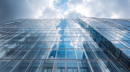 Fototapeta premium Modern Glass Facade of High-Rise Building with Reflections Under Dramatic Sky
