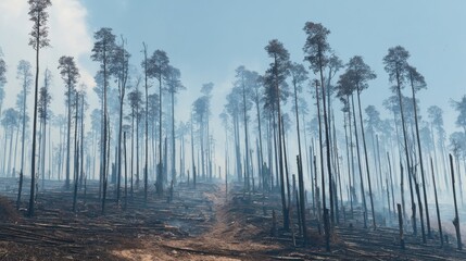 Fototapeta premium Aftermath of Wildfire in Forest with Blackened Trees and Blue Skies Showing Smoke and Haziness