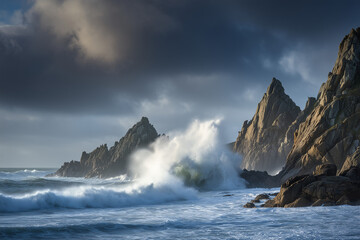 A stormy coastline scene with waves smashing against rocks, storm clouds looming overhead, and dramatic ocean spray filling the air.