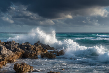 A stormy coastline scene with waves smashing against rocks, storm clouds looming overhead, and dramatic ocean spray filling the air.
