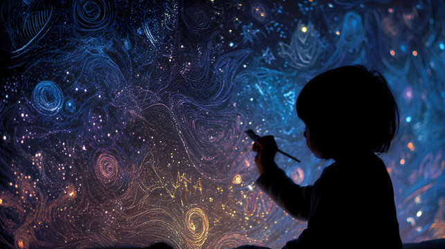 child silhouette drawing stars and planets with glowing crayons cosmic educational creativity theme