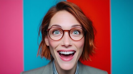 Surprised young woman in glasses with wide smile and open eyes on colorful pink, red, and blue background. Emotional female portrait expressing joy, amazement, astonishment, and excitement.