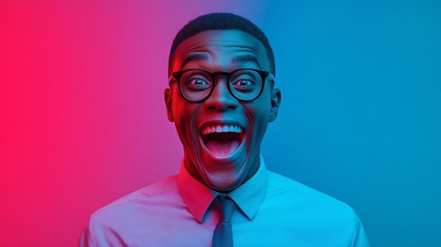 Excited young man in glasses and tie with wide open mouth and bright smile on blue and red background. Expressive male portrait showing happiness, surprise, joy, astonishment, and positive emotion.