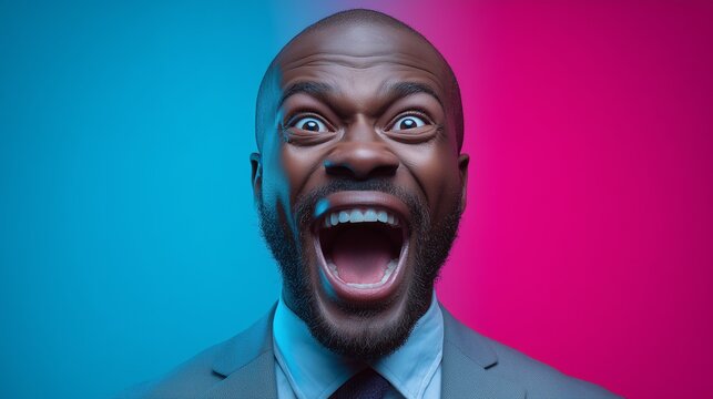 Excited African American businessman in suit shouting with wide open mouth on colorful background. Concept of success, achievement, emotional reaction, surprise, celebration, winning and motivation.