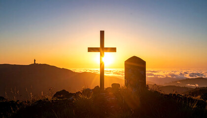 Three crosses silhouetted on a hilltop at sunset, symbolizing sacrifice, redemption, and spiritual reflection in a serene landscape.