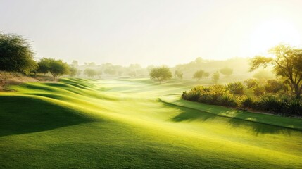 fairway. Vast green golf course under bright sunlight, capturing the tranquility of open landscapes. travel magazines, destination branding, designed for outdoor magazines and nature guides.