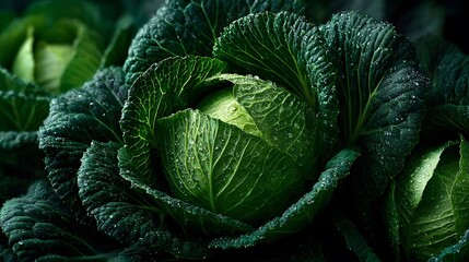 Fototapeta premium Dramatic top-down photo of fresh savoy cabbages, their deep green crinkled leaves glistening with water under intricate light and shadow.