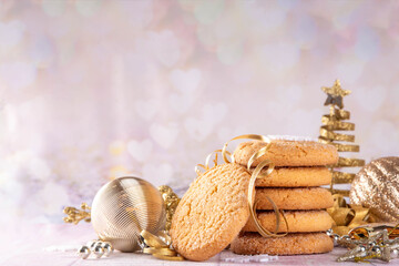 Stack of traditional american sugar cookies on Christmas background