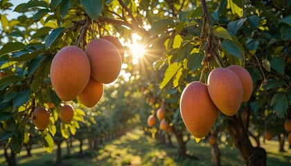 Ripe mangoes hang heavy from branches, bathed in golden sunlight.