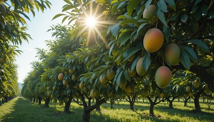 A lush orchard of mango trees, ripe fruit hanging heavy in the sunlight.