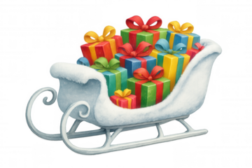 Santa's sleigh full of colorful christmas gifts and presents illustration, symbolizing holiday magic and festive celebration