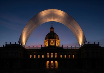 Fototapeta premium Majestic dome building illuminated at dusk with dramatic arching light display