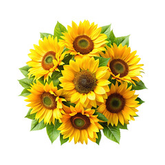 Obraz premium Beautiful Bouquet of Vibrant Yellow Sunflowers with Fresh Green Leaves Displayed Elegantly