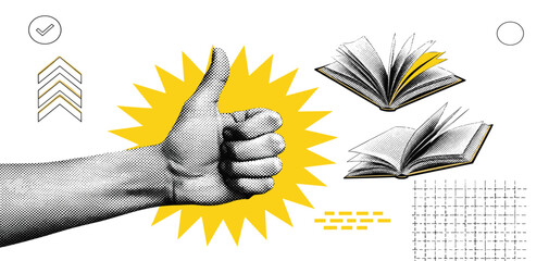Success in learning and reading concept. A collage showing a thumbs-up sign of approval with open books and abstract graphic elements