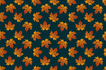 Seamless autumn pattern with orange maple leaves on a dark background