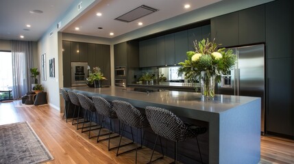 Modern open-concept kitchen with sleek design, stylish bar seating, and vibrant floral arrangements accentuating contemporary aesthetics and functionality in interior spaces.