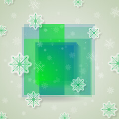 Abstract Christmas winter background with snowflakes and green blue squares. Vector geometric design