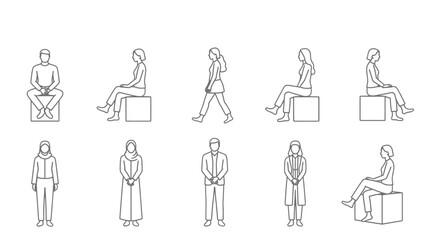 Collection of ten diverse human figure sketches in a minimalist line drawing silhouette style for architectural or design presentations