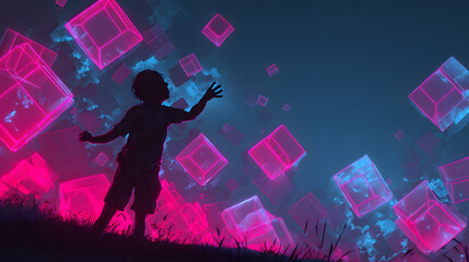 neon glowing puzzle cubes glitching in mid air with child silhouette reaching out cyberpunk learning atmosphere