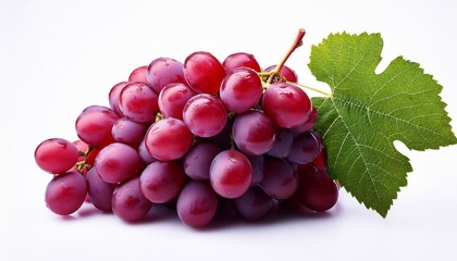 Fototapeta premium fresh bunch of red grapes with green leaf on isolated white background
