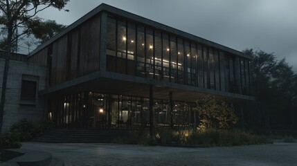 Fototapeta premium Modern architectural design of a contemporary glass building at dusk