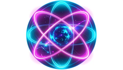 Digital abstract glowing sphere with neon orbital rings and energy particles
