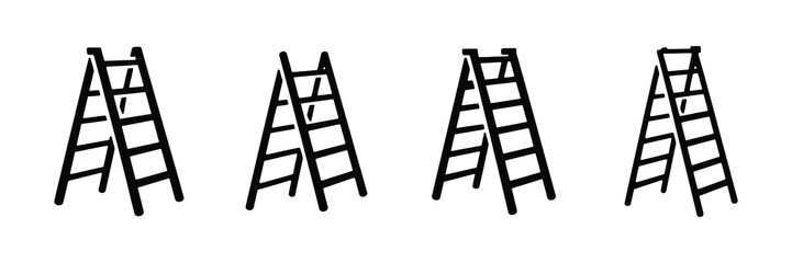 Four black step ladders in a row on a white background, isolated on white background