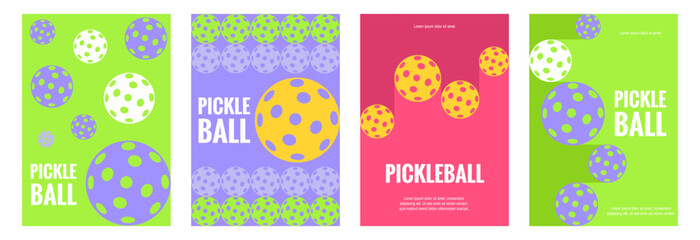 Pickleball sports posters design set. Multicolor pickleball balls on bright background. Modern minimalist style.Suitable for sport team, club, community. Perfect for banner, cover or postcard