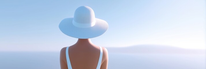 Woman in a white sun hat gazes at serene ocean view, with soft blue hues blending in the background, evoking a sense of tranquility and relaxation by the water