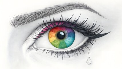  Artistic illustration of a human eye featuring a rainbow-colored iris, vivid makeup, long eyelashes, and a single green tear drop.