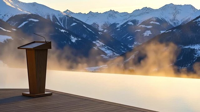 A wooden lectern stands on a deck beside a steaming infinity pool with a vast snow-covered mountain range in the background illuminated by soft morning or evening light