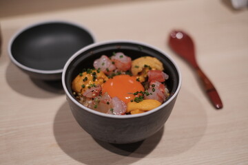 Japanese fusion food in Izakaya,
Argentine Red Shrimp, urchin, egg yolk