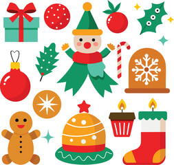 Fototapeta premium Vector art of a vibrant assortment of christmasthemed illustrations featuring a snowman, gingerbread person, christmas tree, gift, ornaments, candy cane, and festive elements, all isolated on a