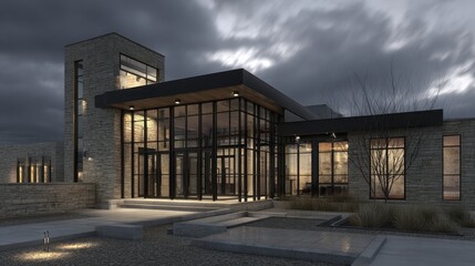 Obraz premium Modern Architectural Design of a Stylish Stone House with Glass Facade