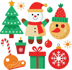 Fototapeta premium Vector art of collection of festive christmas icons including a snowman, christmas tree, gift box, candy cane, snowflake ornaments, and festive decorations, all isolated on a
