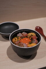 Japanese fusion food in Izakaya,
Argentine Red Shrimp, urchin, egg yolk
