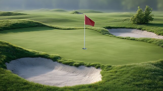 Beautiful golf green with flag pin scenic course photography natural landscape aerial view golfing experience - Powered by Adobe