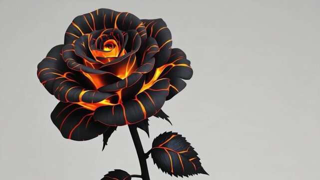 A fiery, black rose with orange/gold lava-like veins