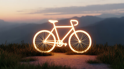 Obraz premium Glowing bicycle silhouette on a mountain trail at dusk