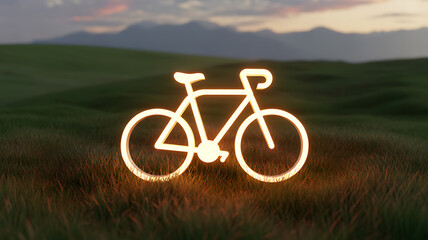 Obraz premium Glowing bicycle outline in a grassy field at dusk with mountains in the background