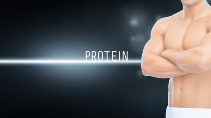 Muscular male figure with crossed arms, showcasing strength and fitness, against a dark background with glowing text highlighting the word protein, emphasizing health and nutrition