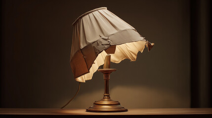 A lamp shade is torn and the lamp is turned on