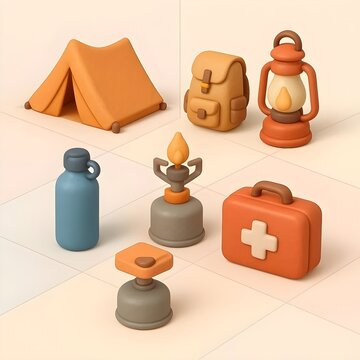 Isometric clay-style camping icons featuring tent, lantern, stove, water bottle and first-aid kit