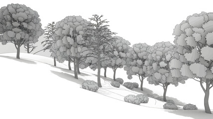 A line of deciduous trees and bushes casting long shadows on a gentle slope in a monochrome artistic silhouette