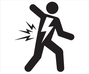 Black silhouette illustration of person receiving electric shock with lightning bolt symbol, concept for safety warning, hazard, electricity danger, occupational risk, accident prevention and workplac