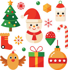 Obraz premium Vector art of whimsical christmas collection, showcasing a snowman, chick, christmas tree, stocking, gifts, ornaments, snowflakes, and candy cane