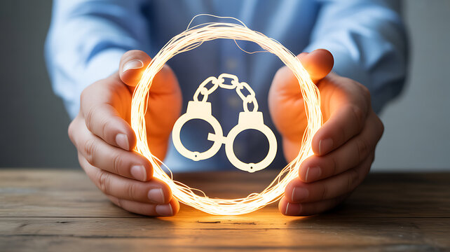 Hands holding a glowing wire circle with a handcuffs symbol inside
