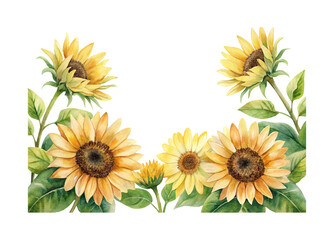 Naklejka premium Beautiful watercolor arrangement of sunflowers with leaves on a white background
