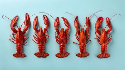 Five Red Lobsters in a Row on Blue Background.