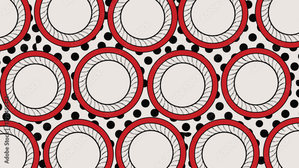 Poster a repeating pattern of red circles with black dots on a white background in a flat design style